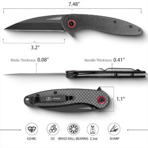 LOTHAR Seagull EDC Pocket Knife, Carbon Fiber Handle and 3" D2 Knife Blade, Ultra Light 2.2oz, Slim Pocket Knife, Small Folding Utility Knife Mini Box Cutter for Men Women, Flipper Knife with Pocket Clip