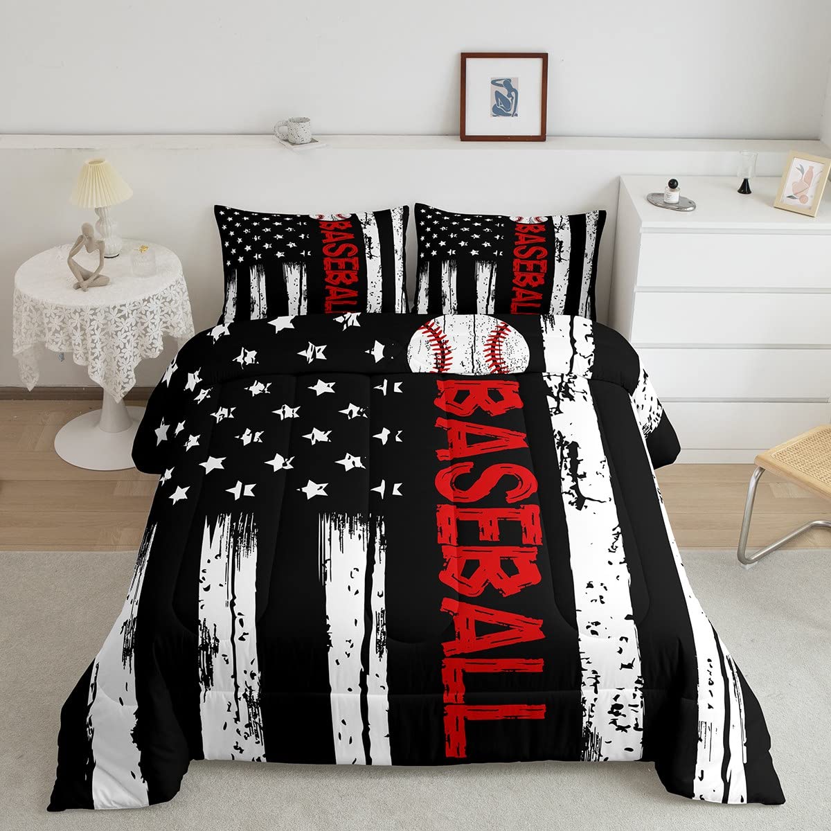 Erosebridal American Flag Comforter Baseball Bedding Twin 2pcs Sports Games Down Comforter for Boys Girls Bedroom Black and White Striped Comforter Set Retro US Flag Decorations, Lightweight Soft