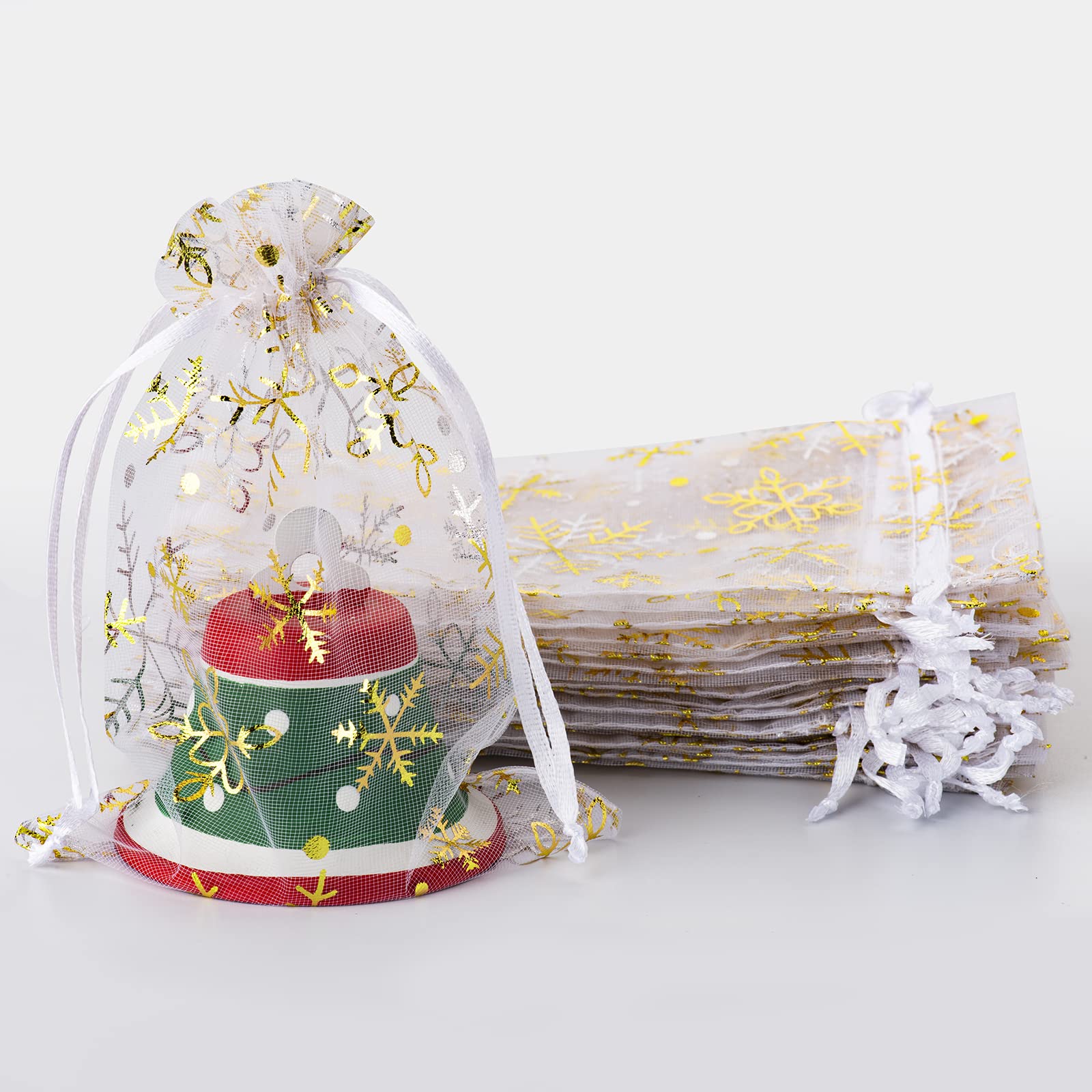 HongyiTime 100 PCS 4X6 inch Snowflake Organza Gift Bags Christmas, White Mesh Jewelry Pouches Little Drawstring Candy Bags