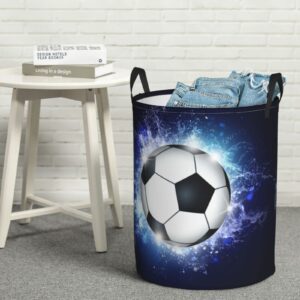 Foldable Laundry Hampers with Soccer Pattern for Sports Teens Boys Girls, Cool Large Round Hampers Soccer Ball Printing, Portable Dirty Clothes Organizer Basket with Handles for Bedroom, 19.6"x15.7"