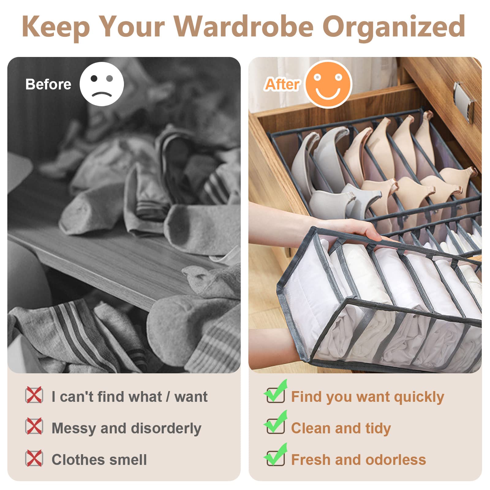 GWSNIO 6 Pcs Underwear Drawer Organizer, Foldable Underwear Storage Divider Boxes 6/7/11 Cell Closet Clothing Organizers for Bras Panties Ties Socks Scarves Clothes