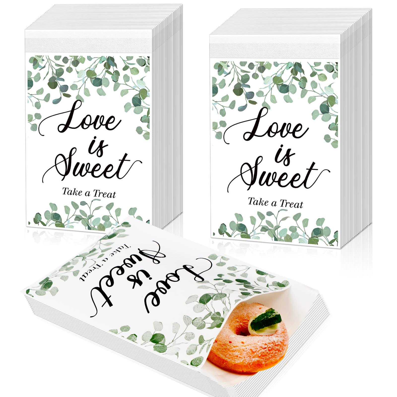 200 Pcs Wedding Favor Candy Buffet Bags White Treat Bags Self Adhesive Wedding Gift Bags Love Is Sweet Leaves Kraft Paper Wedding Party Favor Bags for Gifts, 5 x 7 Inch