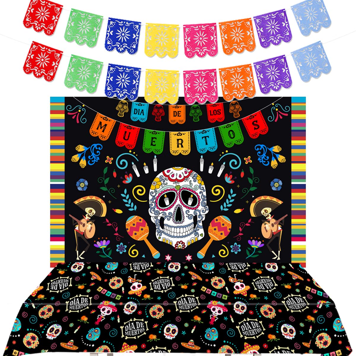 Day of the Dead Party Decorations, Mexican Fiesta Pennant Hanging Banner Sugar Skull Dia De Los Muertos Backdrop and Table cover for Day of the Dead Party Supplies