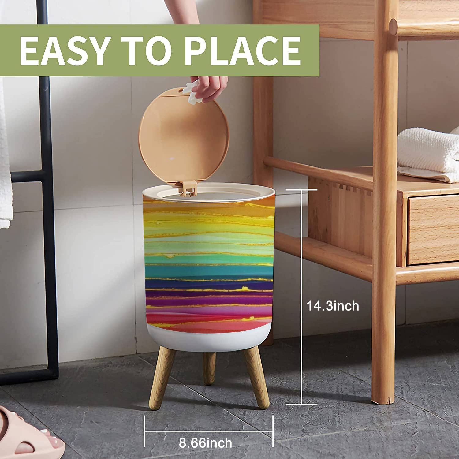 LGCZNWDFHTZ Small Trash Can with Lid for Bathroom Kitchen Office Diaper Rainbow line Abstract Luxury Composition Inkscapes Watercolour Bedroom Garbage Trash Bin Dog Proof Waste Basket Cute Decorative