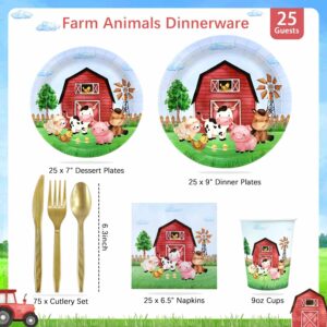 175 Pcs Watercolor Farm Birthday Decorations Plates Set 25 Guests, Barnyard Animals Baby Shower Paper Plates Napkins Cups Cutlery Set Party Supplies