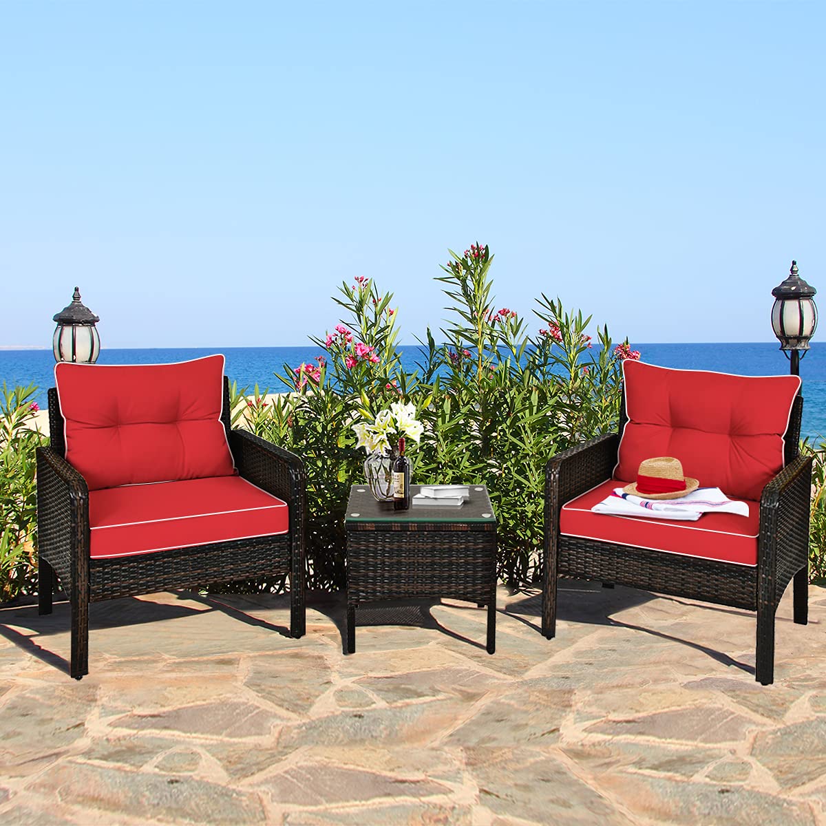 RELAX4LIFE 3-Piece Patio Furniture Set, PE Rattan Wicker Outdoor Conversation Set w/Glass Top Coffee Table & Thick Cushions for Deck Porch Balcony Garden, Bistro Table and Chairs Set of 2 (Red)