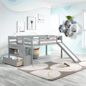 Low Loft Bed with Slide and Stairs Twin Loft Bed with Storage Wood Bed Frame for Kids Teens Girls Boys， Gray