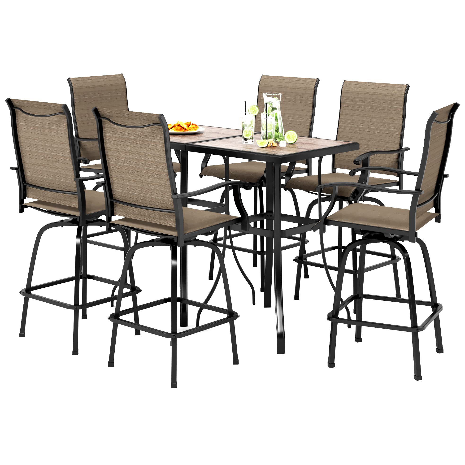 PHI VILLA Outdoor Bar Set for 6, Patio Bar Table and Chairs Furniture with Outdoor Swivel Bar Stools Table Set, Bar Height Patio Dining Set for Yard and Garden