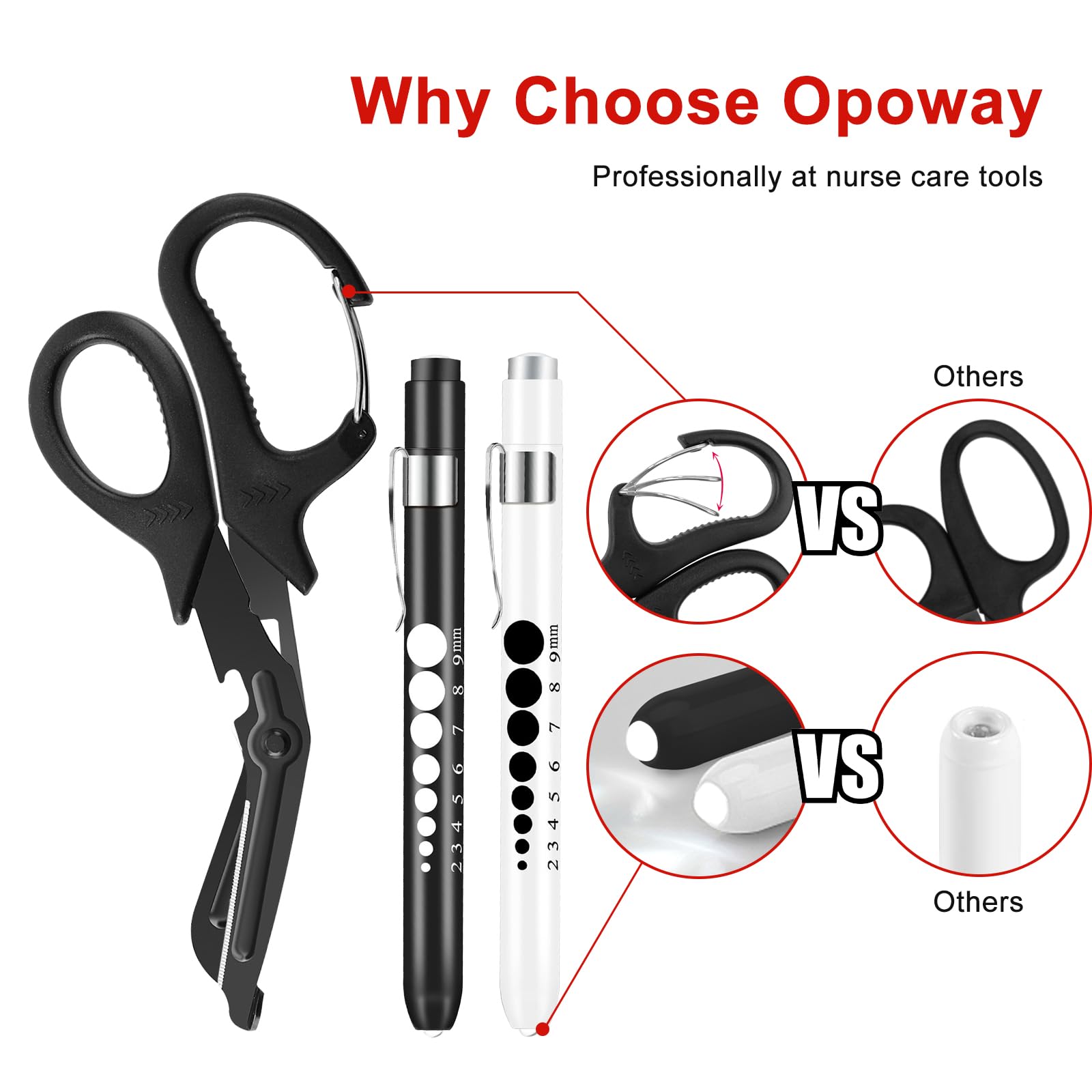 3 Pack Penlight and Medical Scissors for Nurses, Two LED Pen Light with Pupil Gauge and One 7.5 Inches Trauma Shears with Carabiner for Nurse Doctor EMT First Aid （Including Four Batteries)