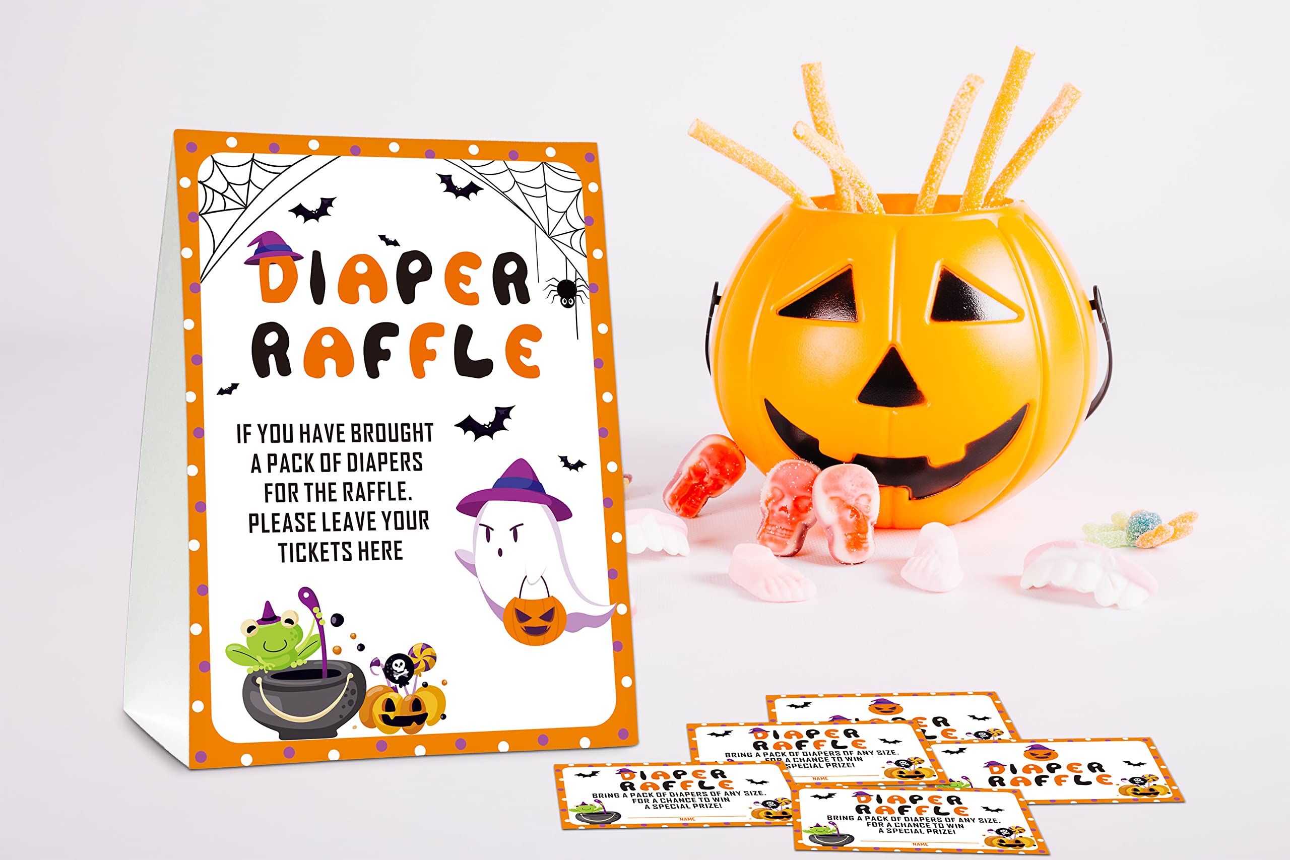 Halloween Diaper Raffle Game Sign and Card, Halloween Baby Shower Party Game Set, 1 Sign With 50 Raffle Tickets –LK-013