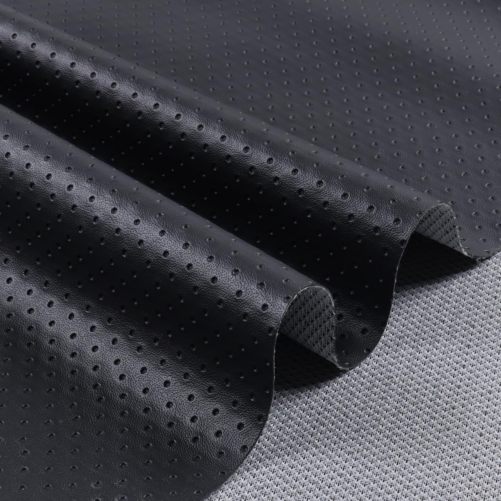 Black Soft Semi Perforated Leather Fabric 0.6mm Faux Marine Vinyl Leather Sheet Breathable & Wear Resisting for Vehicle Interior,Furniture Seats,Hand Made (5yard)