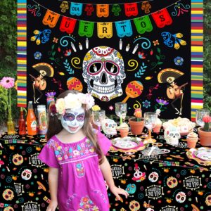 Day of the Dead Party Decorations, Mexican Fiesta Pennant Hanging Banner Sugar Skull Dia De Los Muertos Backdrop and Table cover for Day of the Dead Party Supplies