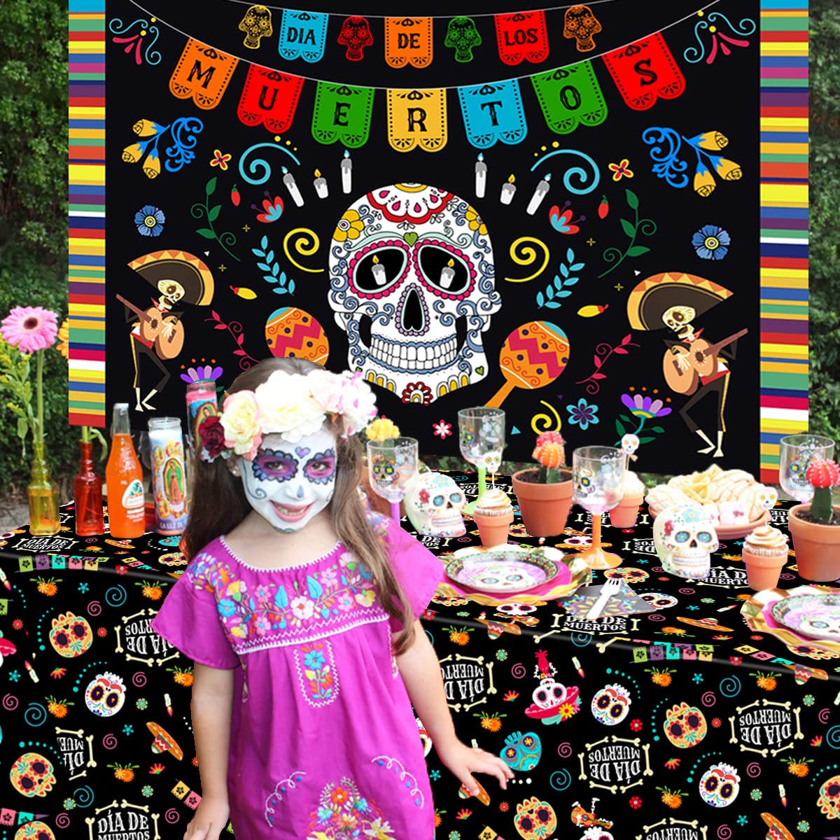 Day of the Dead Party Decorations, Mexican Fiesta Pennant Hanging Banner Sugar Skull Dia De Los Muertos Backdrop and Table cover for Day of the Dead Party Supplies