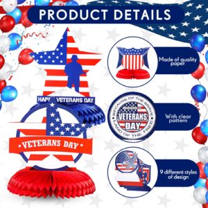 9 Pcs Happy Veterans Day Party Honeycomb Centerpiece Patriotic Table Decorations Veterans Day 3D Table Centerpiece for Table Decor Memorial Day Themed Birthday Graduation Party Supplies