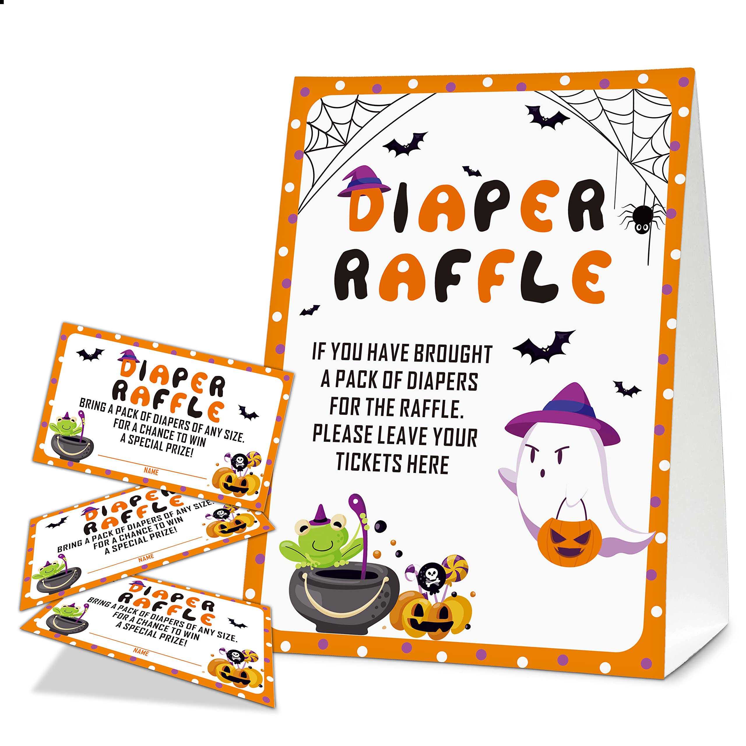 Halloween Diaper Raffle Game Sign and Card, Halloween Baby Shower Party Game Set, 1 Sign With 50 Raffle Tickets –LK-013