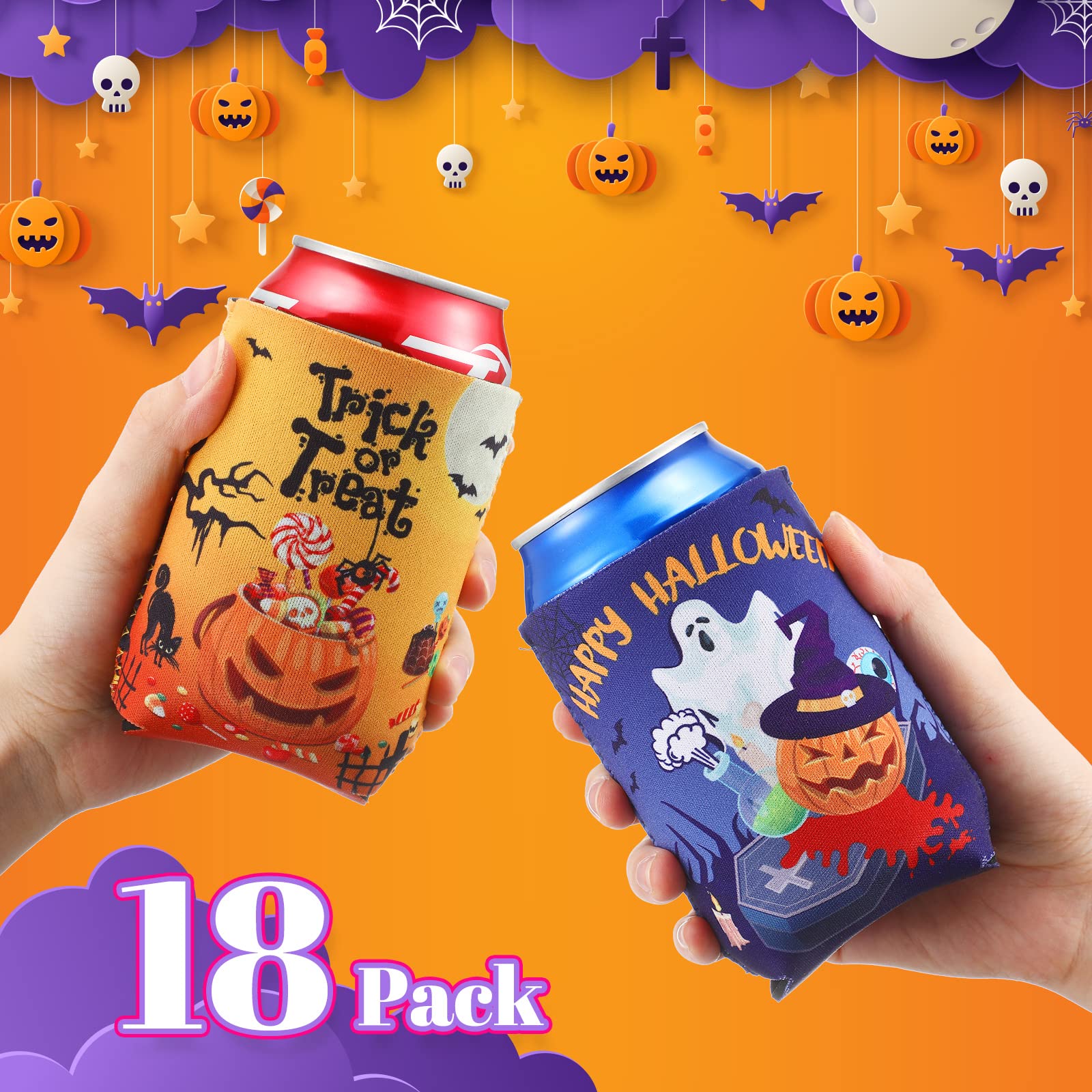 18 Pieces Halloween Can Cooler Sleeves Witch Pumpkin Bat Skull Beer Bottle Sleeves Funny Halloween Can Cooler Drink Coolers for Halloween Party