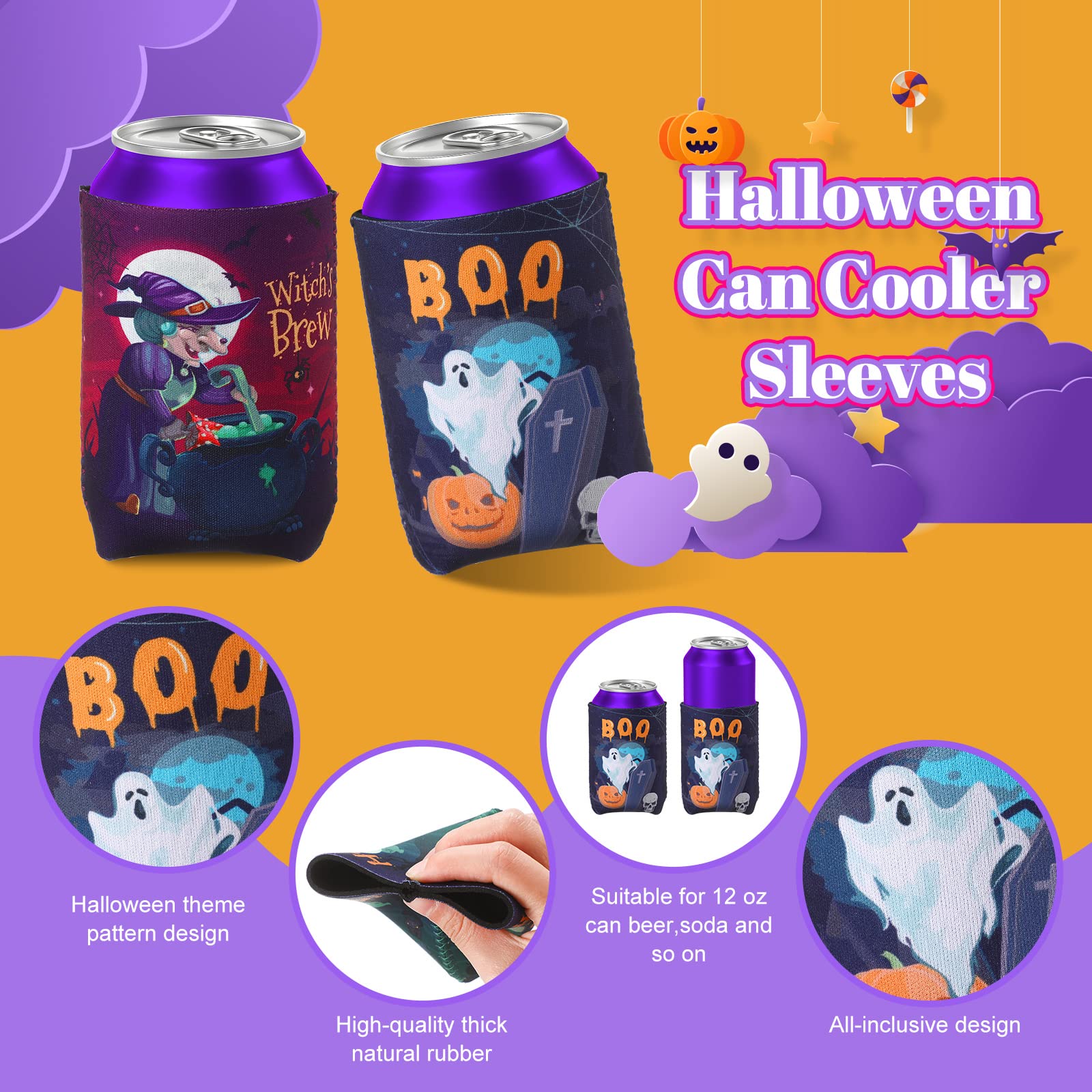 18 Pieces Halloween Can Cooler Sleeves Witch Pumpkin Bat Skull Beer Bottle Sleeves Funny Halloween Can Cooler Drink Coolers for Halloween Party