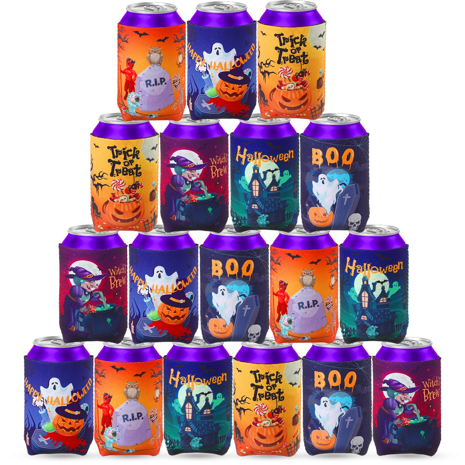 18 Pieces Halloween Can Cooler Sleeves Witch Pumpkin Bat Skull Beer Bottle Sleeves Funny Halloween Can Cooler Drink Coolers for Halloween Party