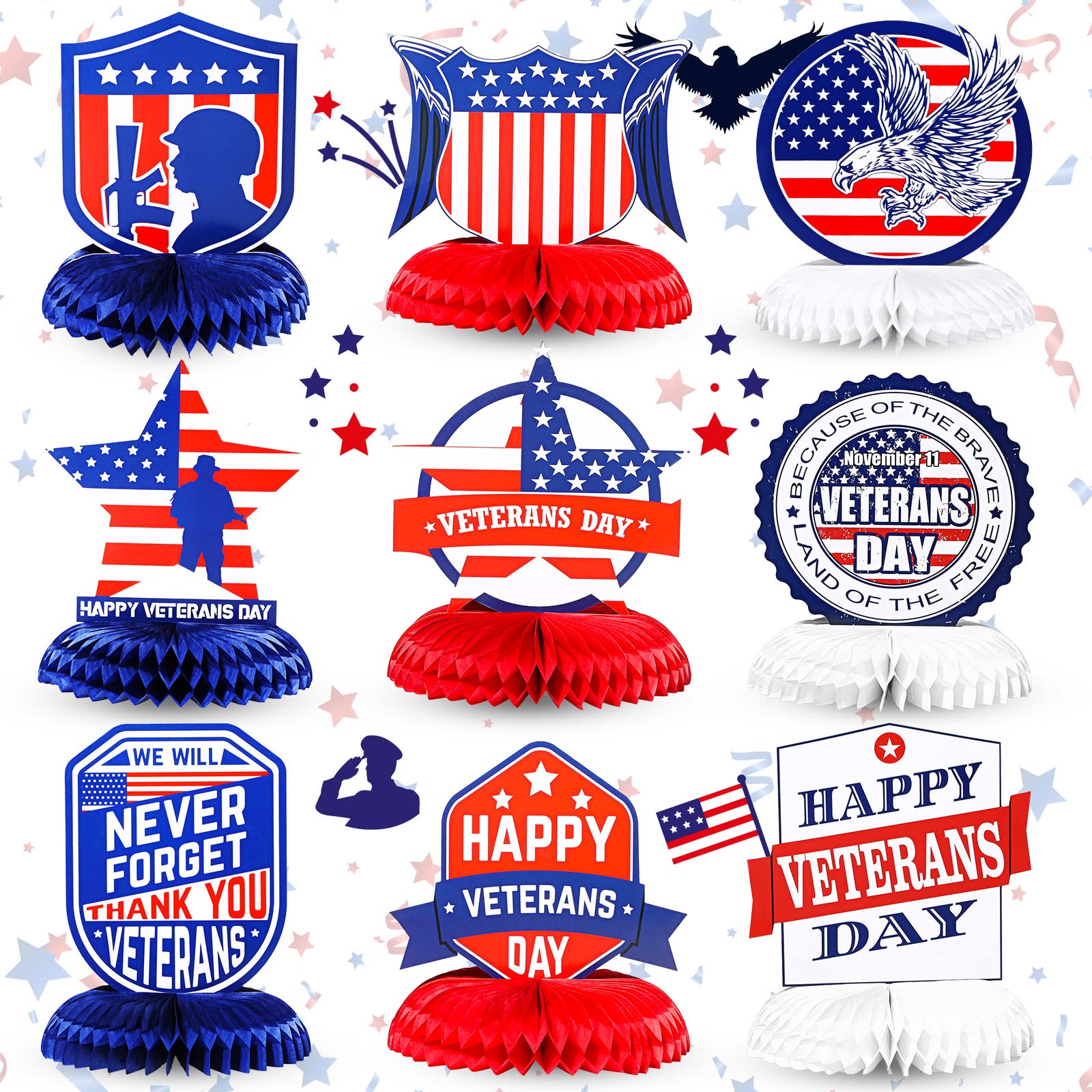 9 Pcs Happy Veterans Day Party Honeycomb Centerpiece Patriotic Table Decorations Veterans Day 3D Table Centerpiece for Table Decor Memorial Day Themed Birthday Graduation Party Supplies