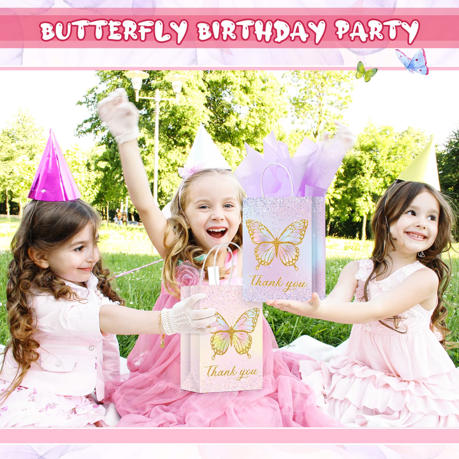 16 Set Butterfly Party Favors Gift Goodie Bags with Tissue Paper, Pink Purple Flowers Treat Candy Bags Small Floral Paper Bags with Handles for Kids Girl Butterfly Birthday Party (Glitter Style)