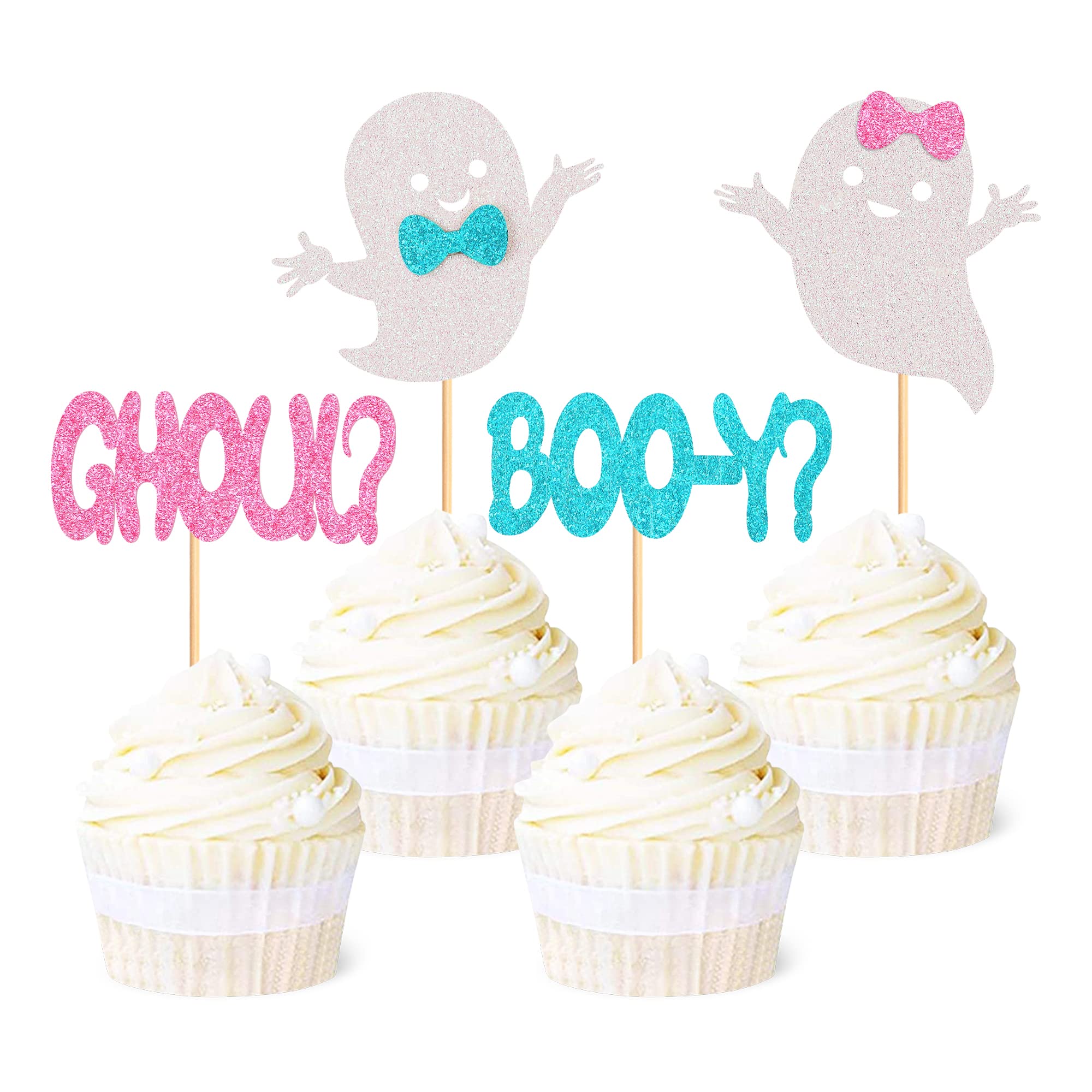 Ercadio 24 Pack Boo-y or Ghoul Cupcake Toppers Glitter Halloween Ghost Cupcake Picks Boy or Girl Cupcake Toppers Baby Shower Birthday Halloween Themed Gender Reveal Cake Decorations Supplies