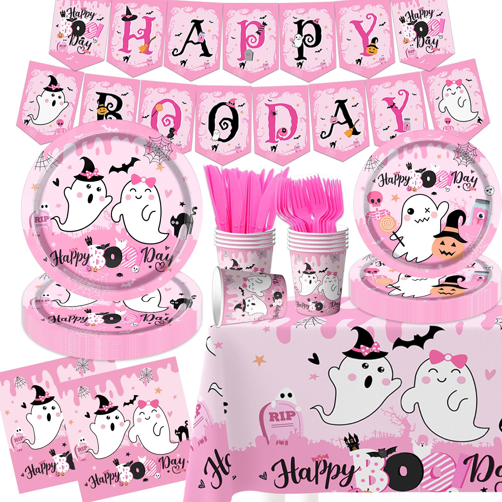 142Pcs Halloween Party Tableware Decorations Happy Boo Day Tableware Set Pink Halloween Ghost Party Supplies Halloween Birthday Tableware Plates Napkins Cups Banner for Kids …