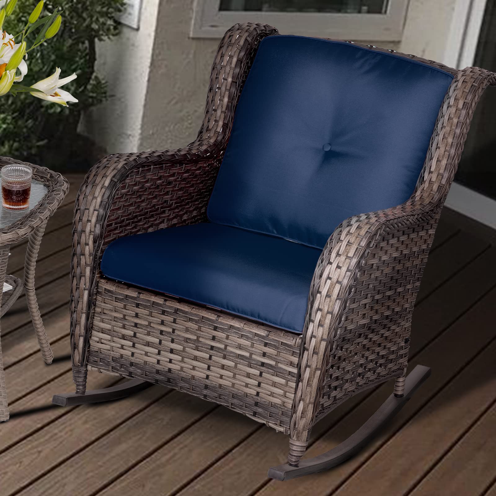 Joyside Outdoor Wicker Rocking Chair All-Weather Patio Yard Furniture Club Rocker Chair with Cushion, Blue