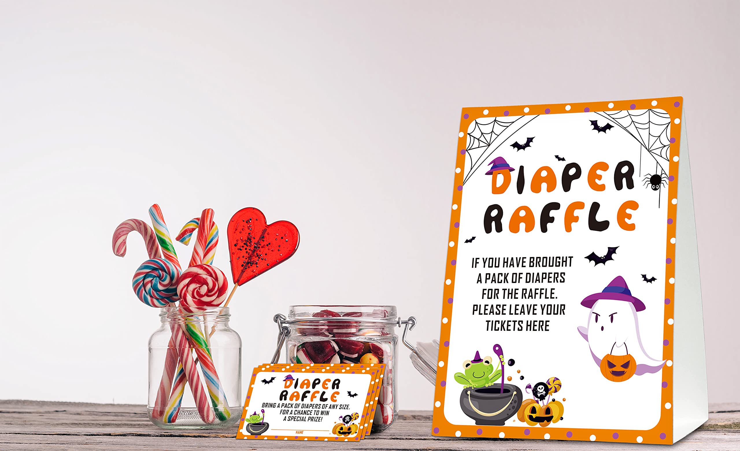 Halloween Diaper Raffle Game Sign and Card, Halloween Baby Shower Party Game Set, 1 Sign With 50 Raffle Tickets –LK-013