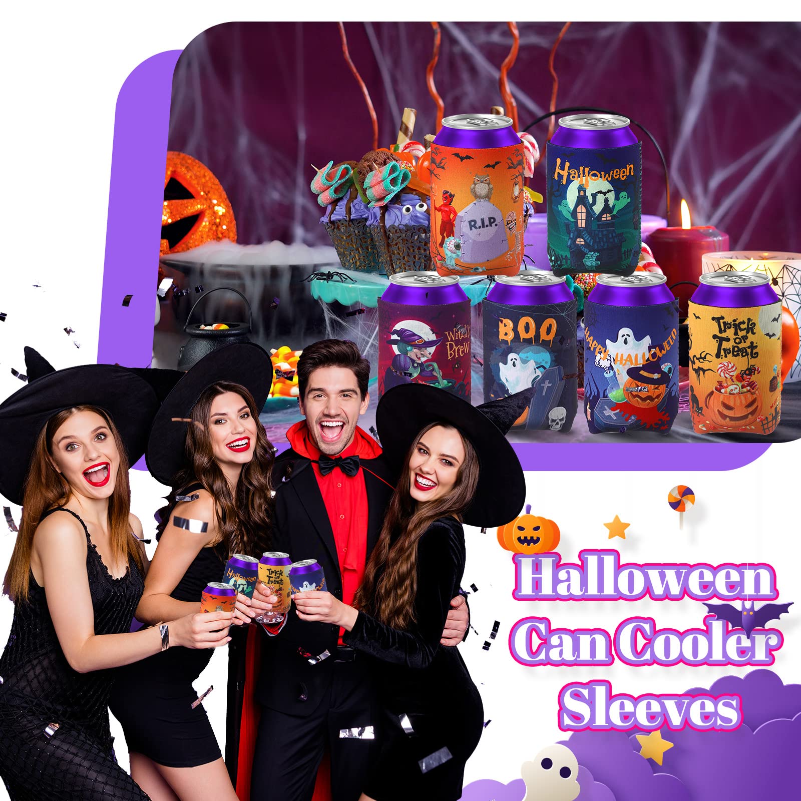 18 Pieces Halloween Can Cooler Sleeves Witch Pumpkin Bat Skull Beer Bottle Sleeves Funny Halloween Can Cooler Drink Coolers for Halloween Party