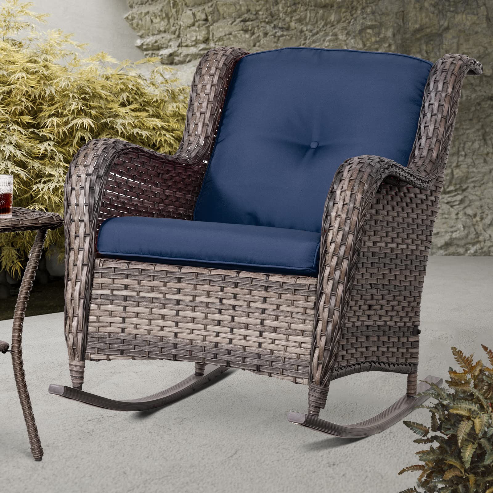 Joyside Outdoor Wicker Rocking Chair All-Weather Patio Yard Furniture Club Rocker Chair with Cushion, Blue