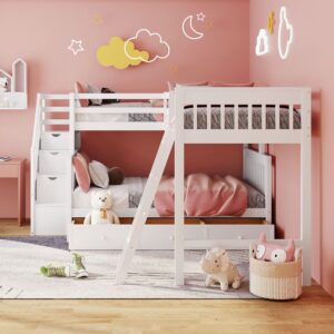 CITYLIGHT Twin Over Full L-Shaped Triple Bunk Bed for Kids, Wooden Corner Bunk Bed with 3 Storage Drawers Attached a Twin Loft Bed,Bunk Beds with Stairs and Ladder for Boys Girls Teens,Espresso