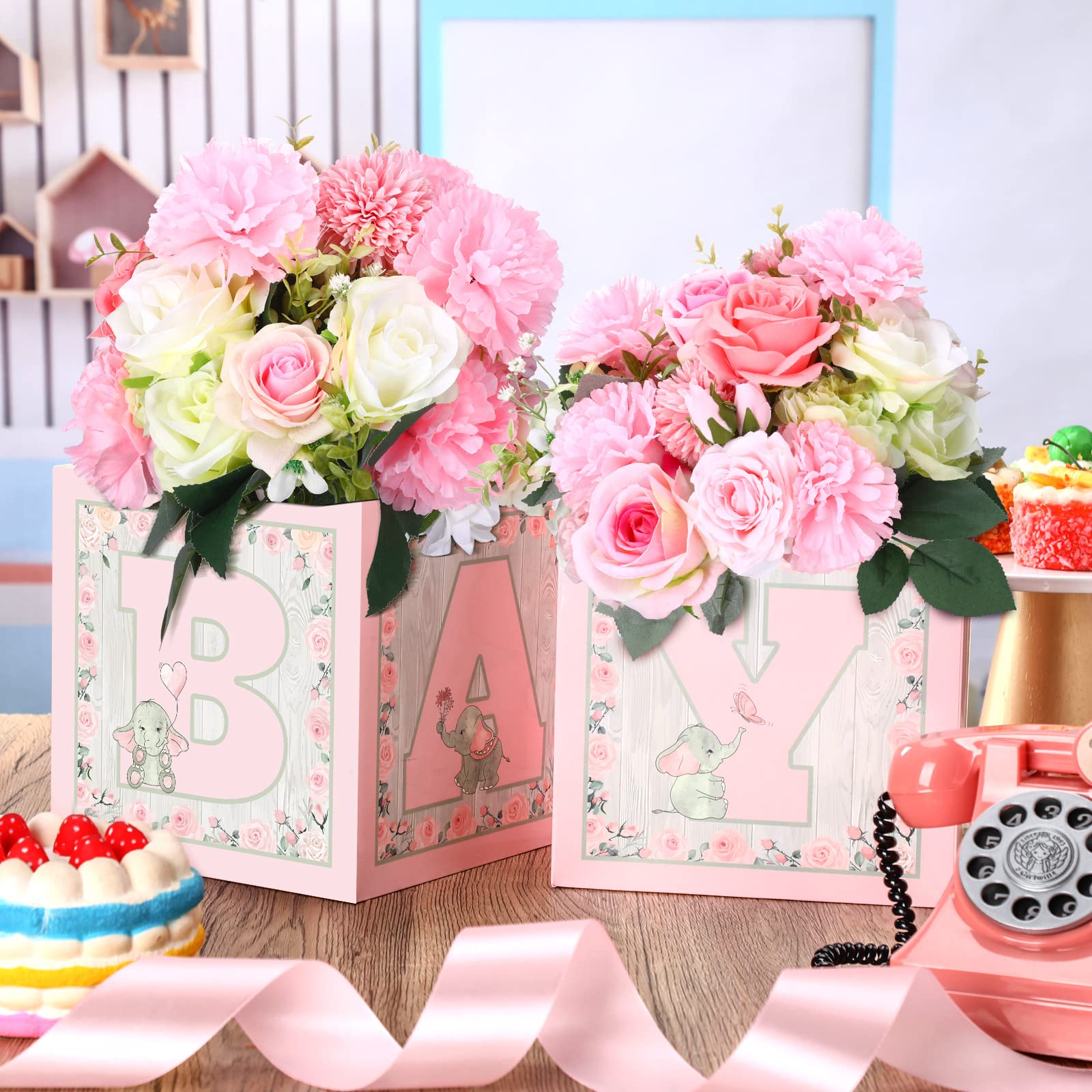 10 Pcs Baby Shower Flower Boxes Centerpieces Decorations Rustic Elephant Floral Baby Boxes with Letters Baby Shower Box Block for Tables Boy Girl Gender Reveal Birthday Party(Elephant Style)