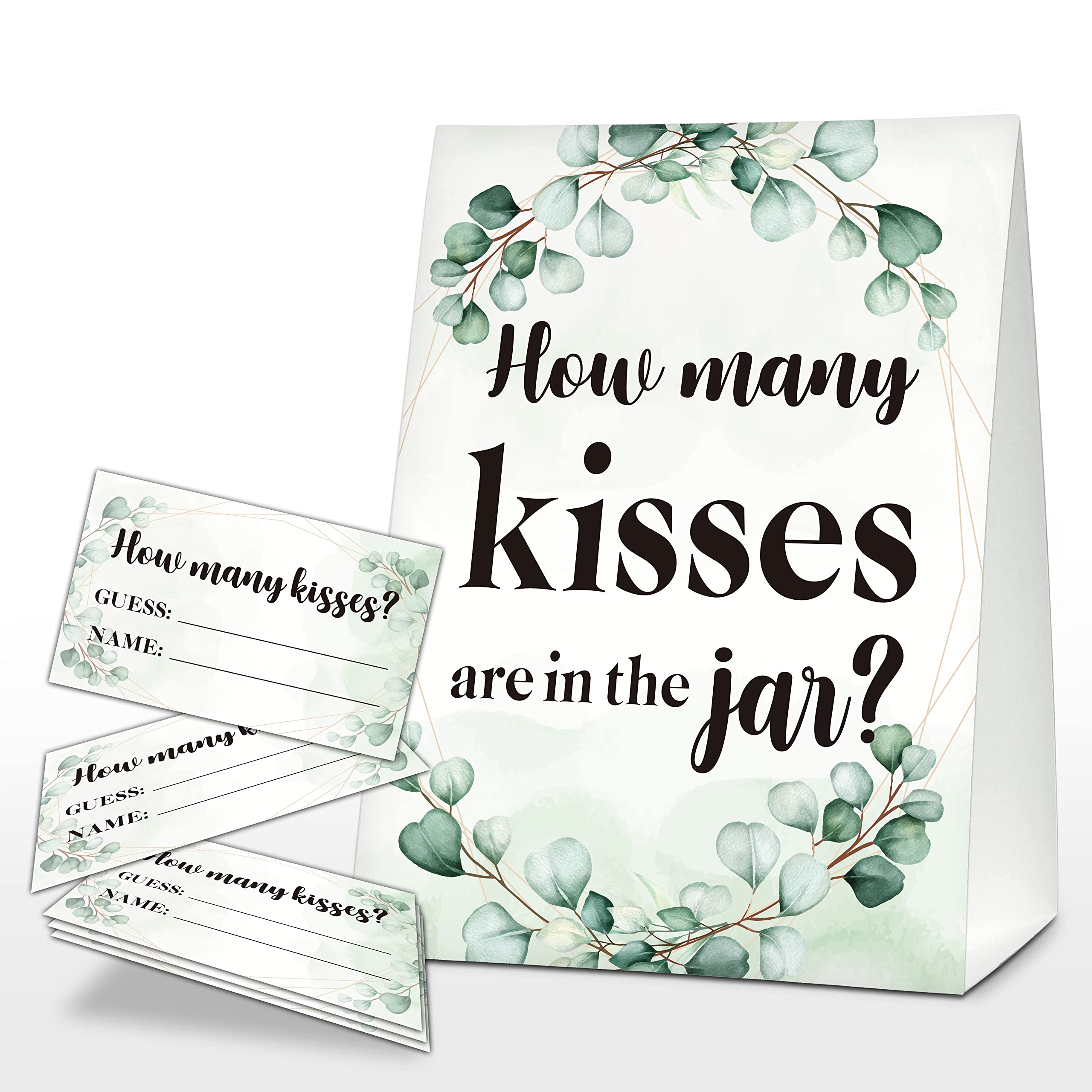 Eyouyeqi How Many Kisses Are In The Jar Sign, Greenery Bridal Shower Game, Eucalyptus Baby Shower Sign & Tickets, Wedding/Engagement Party Supplies Decorations - (1 Sign + 50 Guessing Cards) - 08