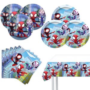 spidey and his amazing friends birthday decorations, 20 plates, 20 napkins and 1 tablecover for spidey and his amazing friends birthday party supplies, spidey theme party decorations