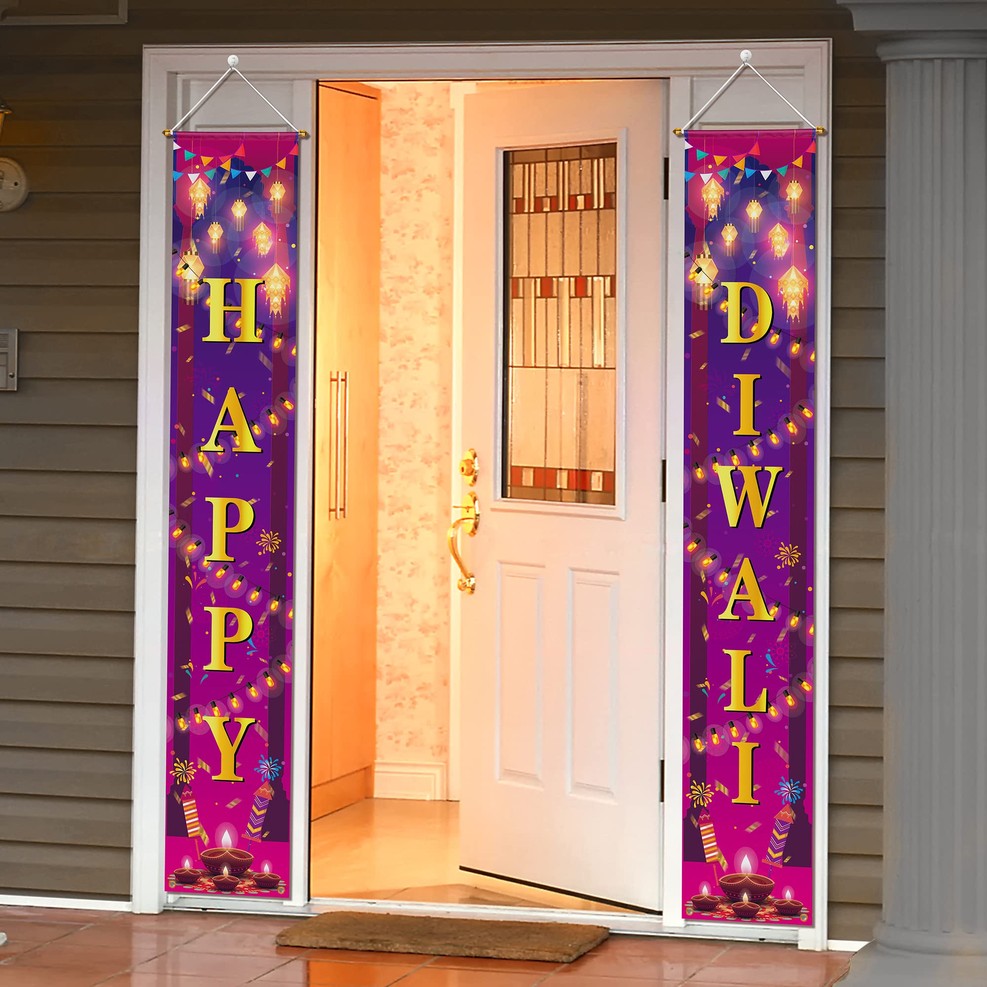 ANVAVO Happy Diwali Hanging Banner Festival of Lights Porch Sign Banner Polyester Diwali Wall Banner Outdoor Decor Indian Diwali Party Supplies