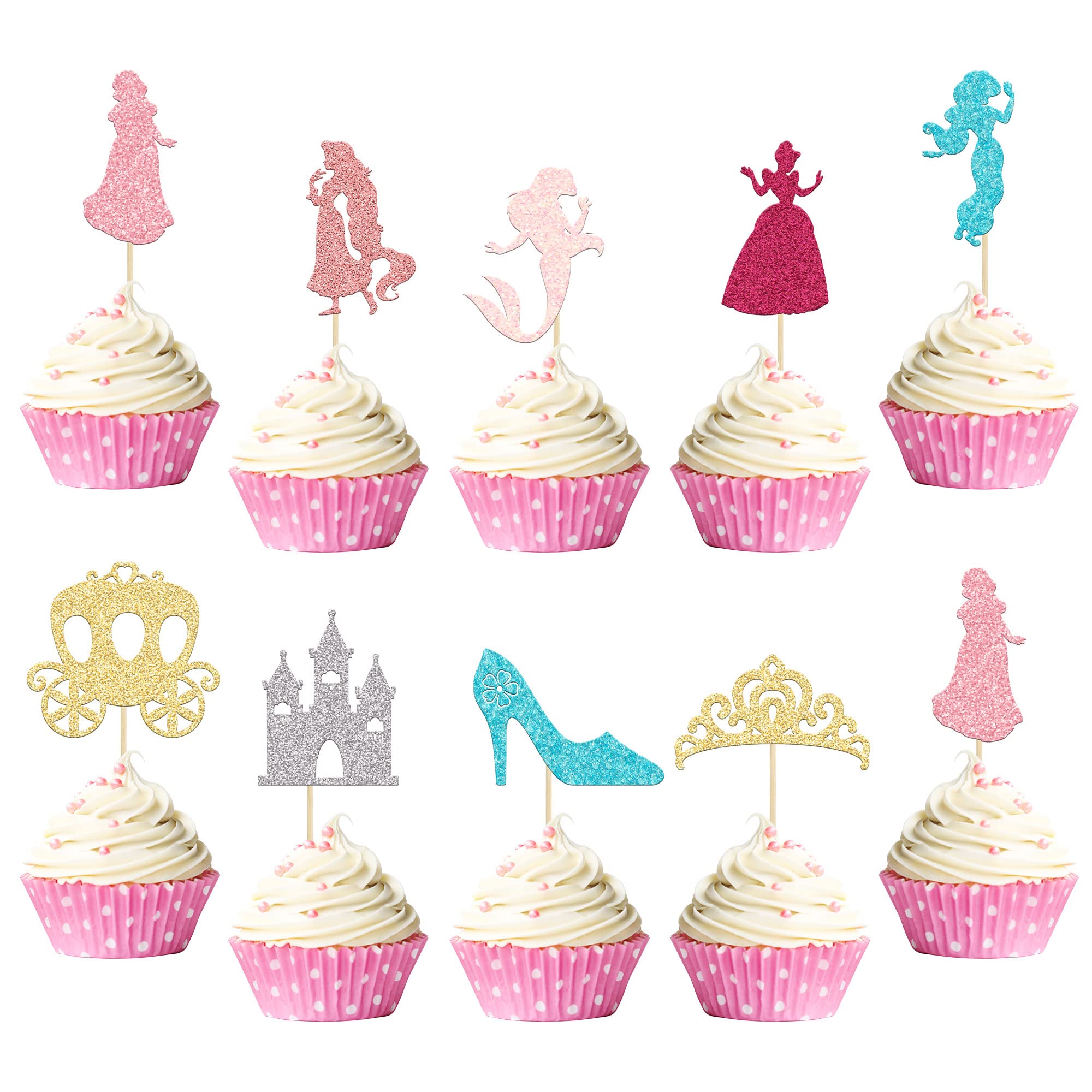 Gyufise 36Pcs Princess Cupcake Toppers Colorful Glitter Mermaid Girl Castle Carriage High Heel Crown Cupcake Picks Princess Theme Baby Shower Girls Birthday Party Cake Decorations Supplies