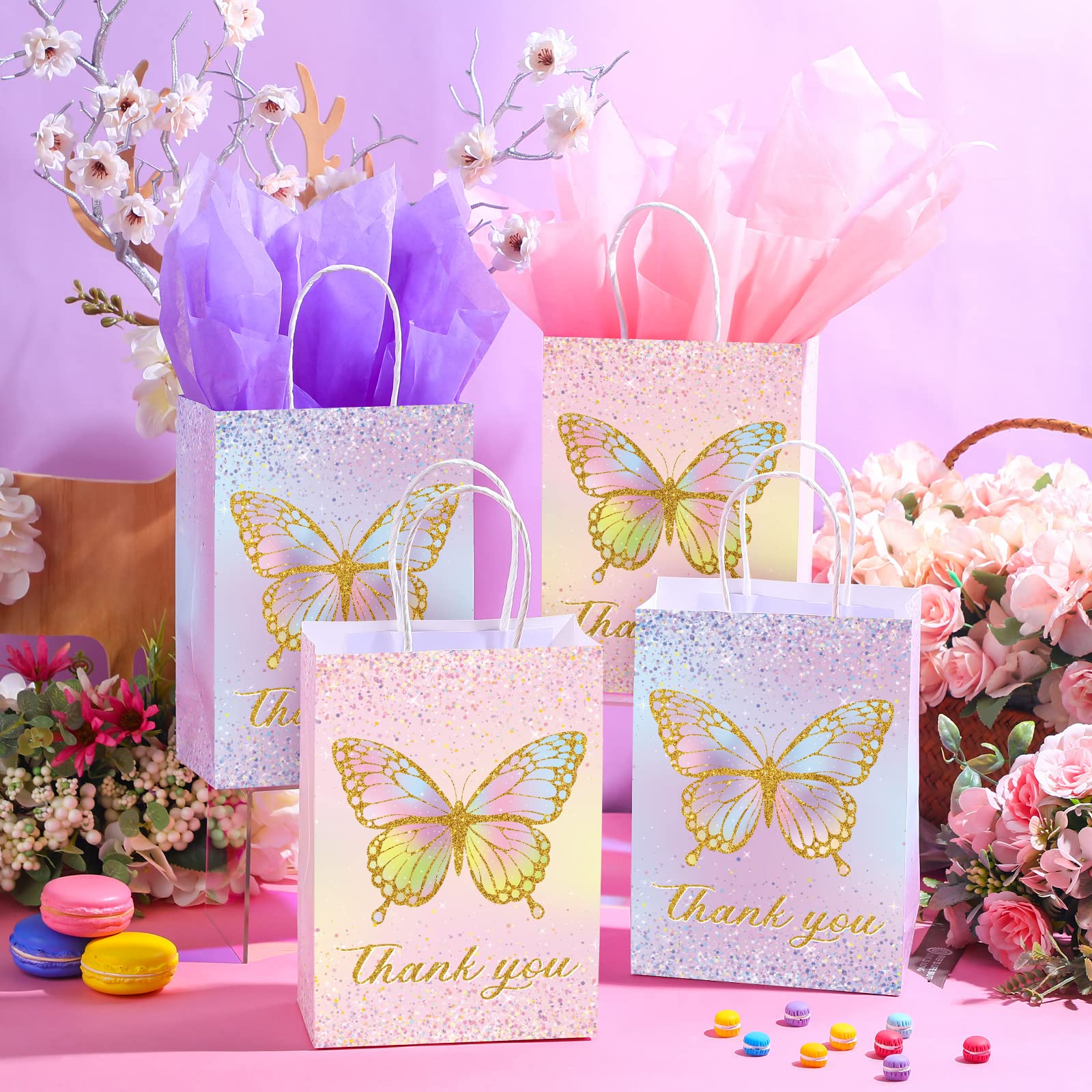 16 Set Butterfly Party Favors Gift Goodie Bags with Tissue Paper, Pink Purple Flowers Treat Candy Bags Small Floral Paper Bags with Handles for Kids Girl Butterfly Birthday Party (Glitter Style)