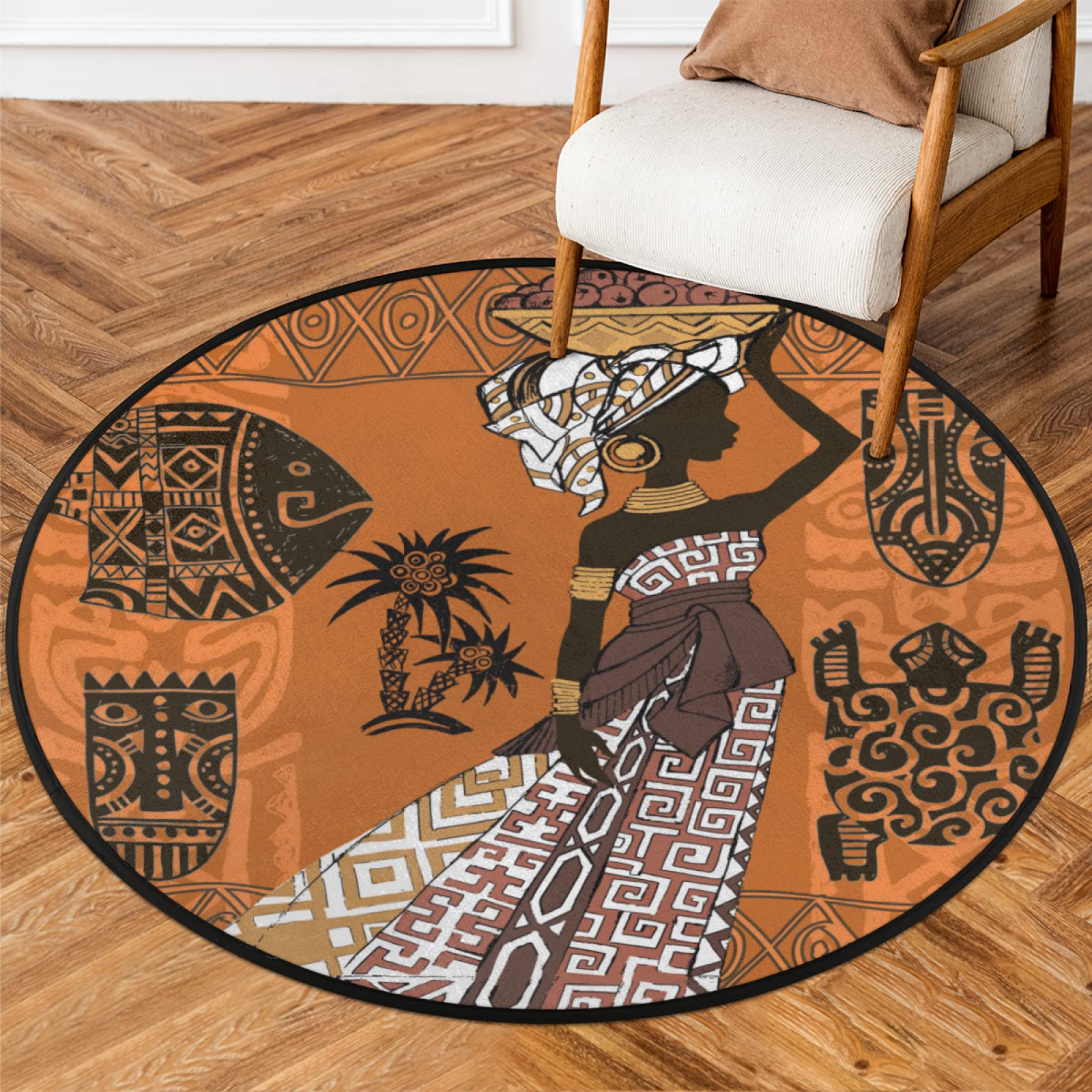 Round Area Rugs 3Ft Black Woman African Woman Modern Area Rug with Non Slip Backing Soft Carpet Kids Play Mat for Living Room Bedroom Patio Rugs, Washable