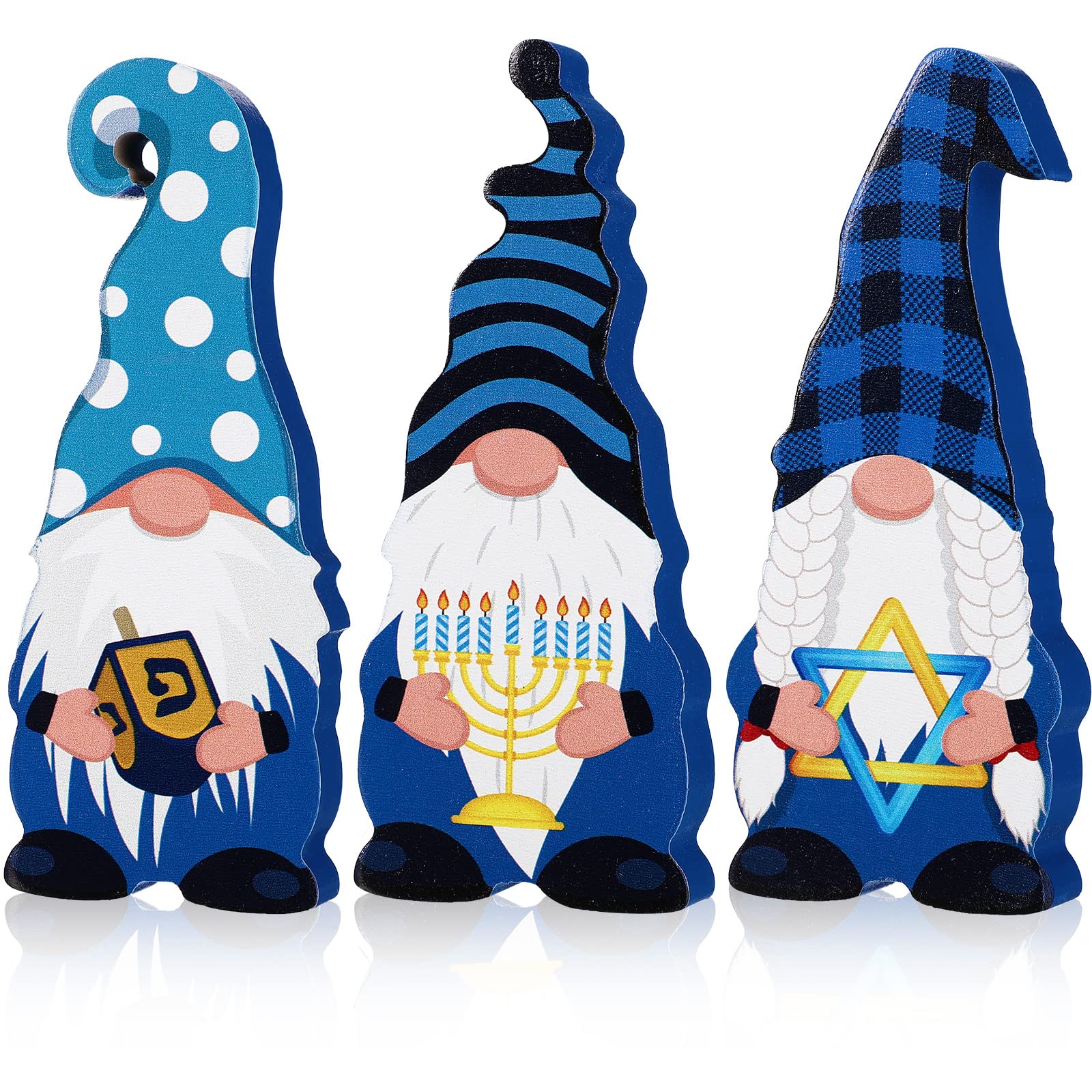 3 Pieces Hanukkah Gnomes Wood Blocks, Hanukkah Table Decorations Chanukah Table Centerpieces Wooden Gnomes Signs for Desk Shelf Display Holiday Party Home Supplies Decorations