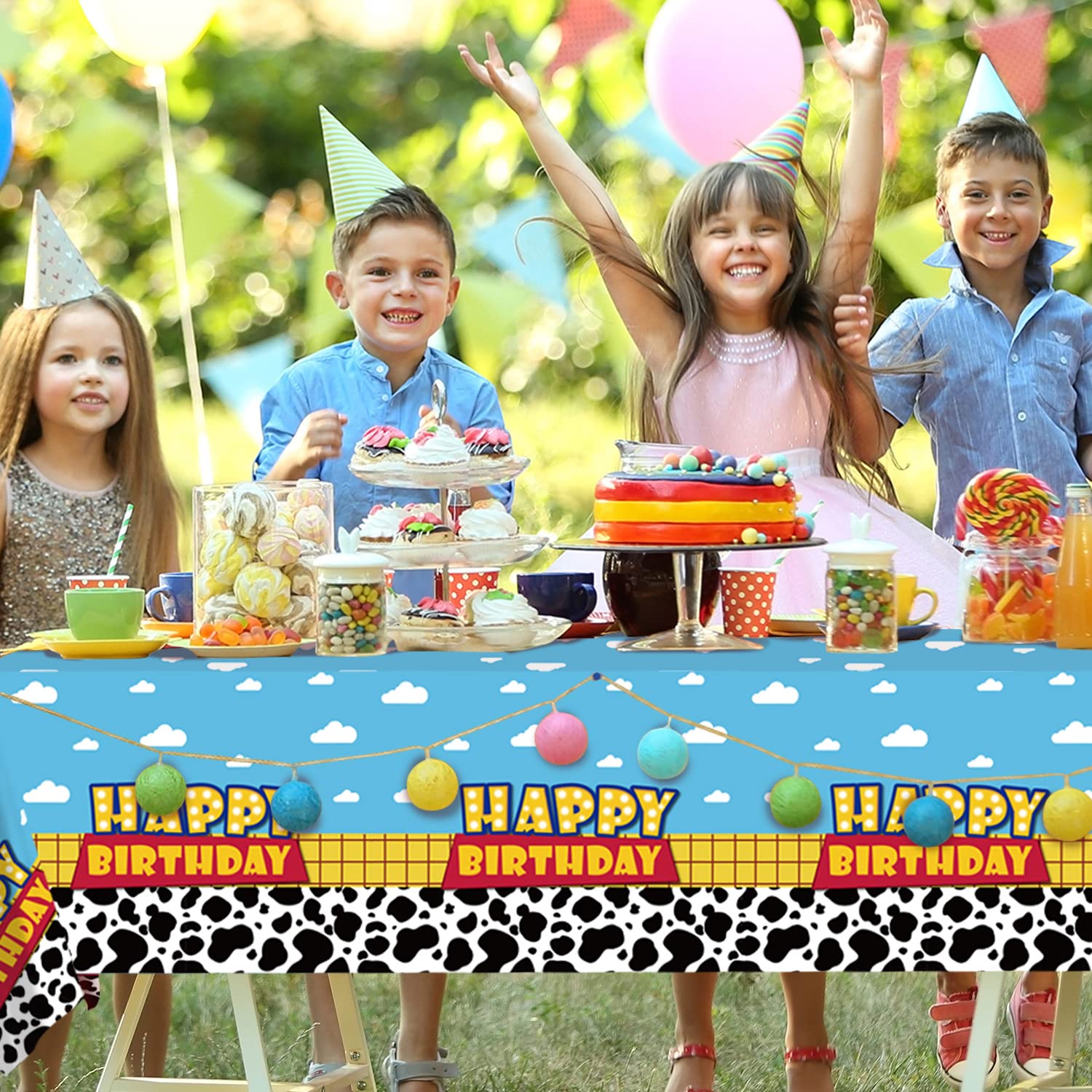 3 Pack Cartoon Story Birthday Party Supplies Cow Pattern Printed Table Cover Blue Sky and White Cloud Tablecloths Cow Birthday Party Decoration for Boy Girl Kid Birthday Party Decor 54 x 108 inch