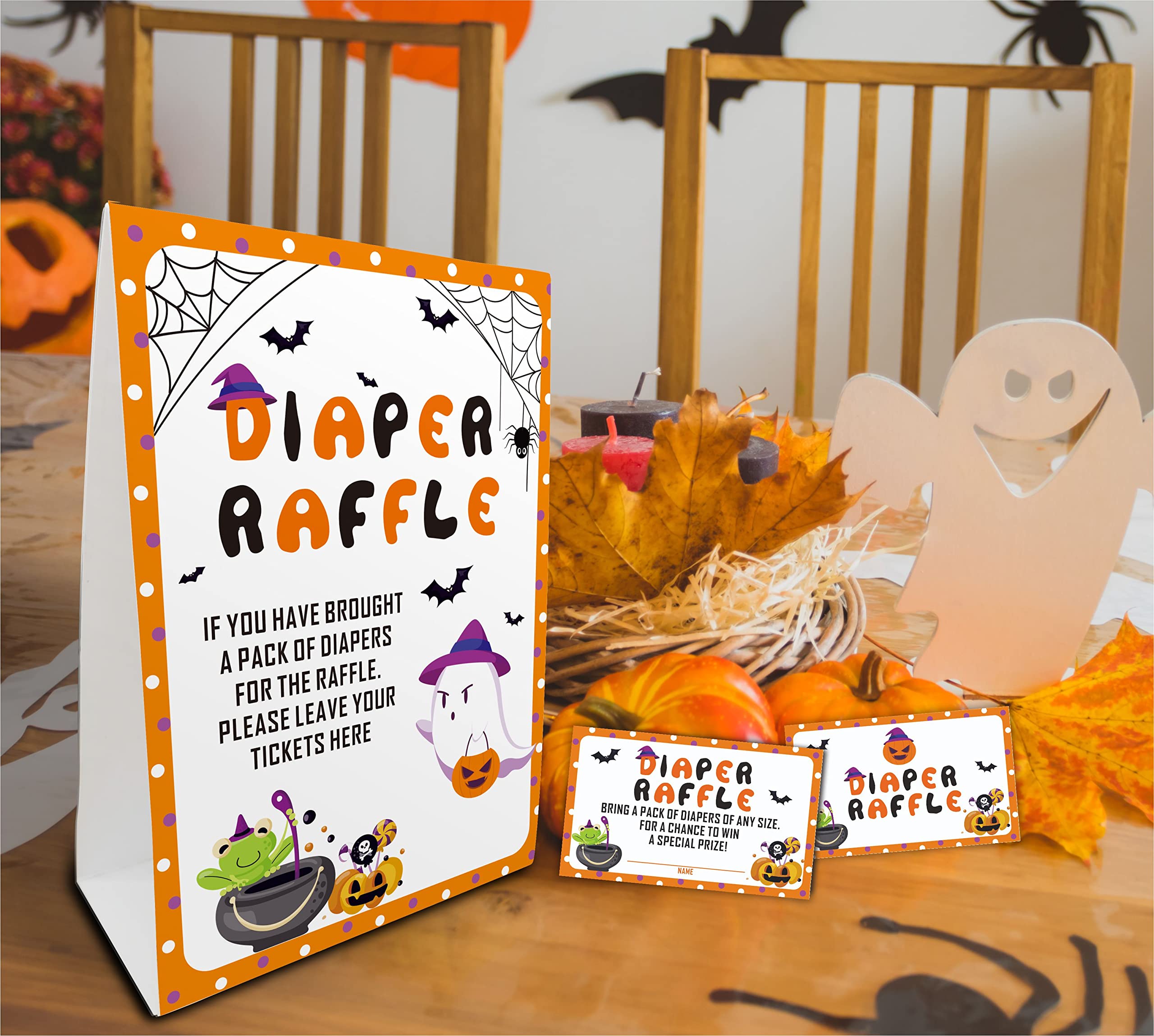 Halloween Diaper Raffle Game Sign and Card, Halloween Baby Shower Party Game Set, 1 Sign With 50 Raffle Tickets –LK-013