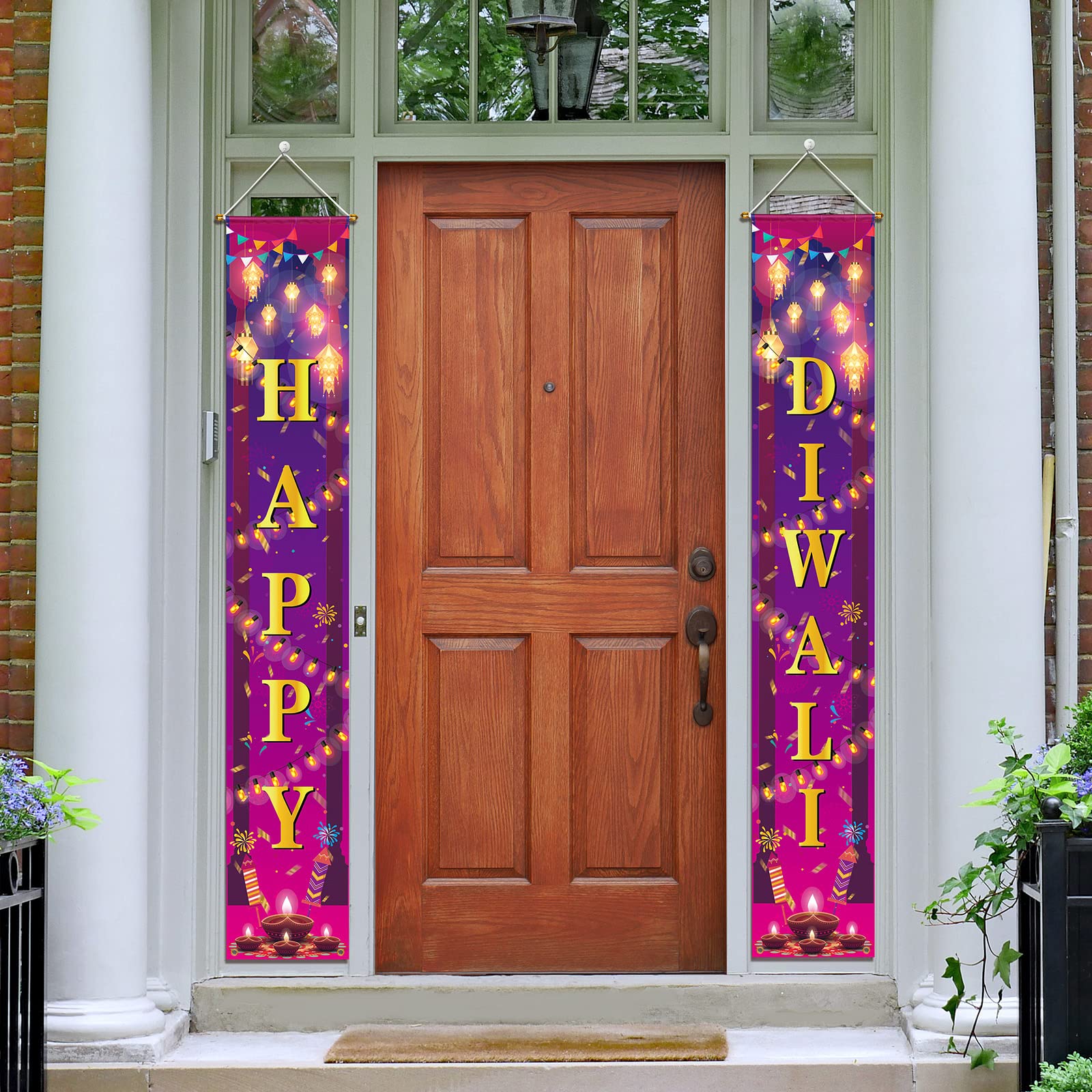 ANVAVO Happy Diwali Hanging Banner Festival of Lights Porch Sign Banner Polyester Diwali Wall Banner Outdoor Decor Indian Diwali Party Supplies