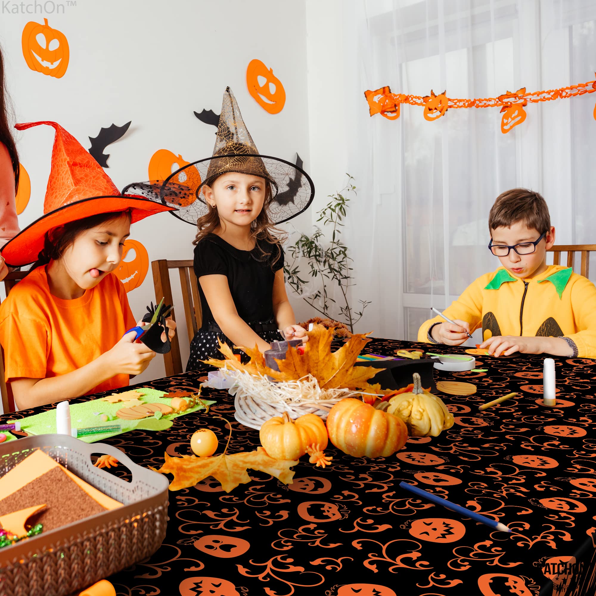 KatchOn, Pumpkin Halloween Tablecloth Plastic - 54x90 Inch, Pack of 3 | Pumpkin Tablecloth, Black and Orange Halloween Table Covers | Halloween Table Cloth Disposable, Pumpkin Halloween Decorations