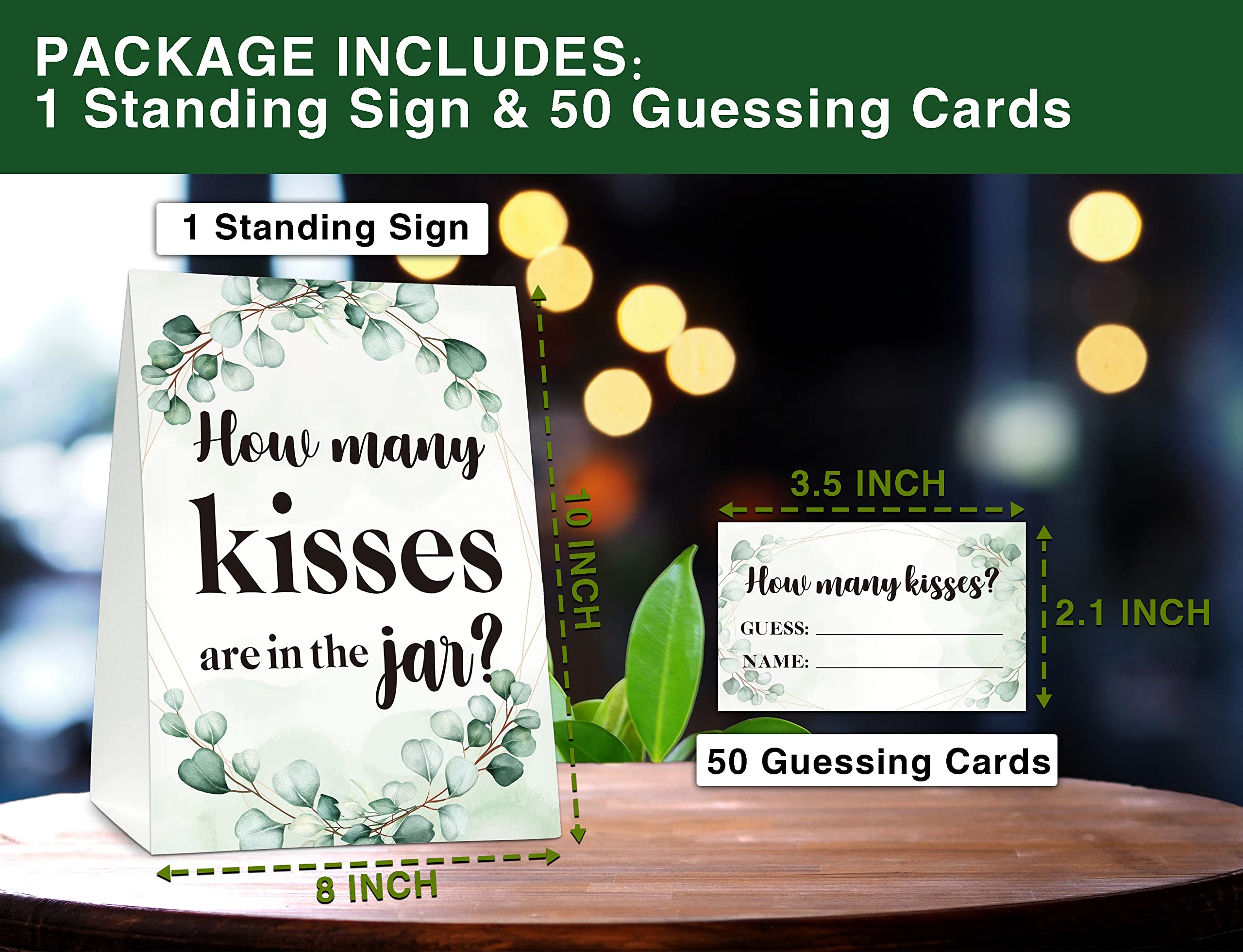 Eyouyeqi How Many Kisses Are In The Jar Sign, Greenery Bridal Shower Game, Eucalyptus Baby Shower Sign & Tickets, Wedding/Engagement Party Supplies Decorations - (1 Sign + 50 Guessing Cards) - 08