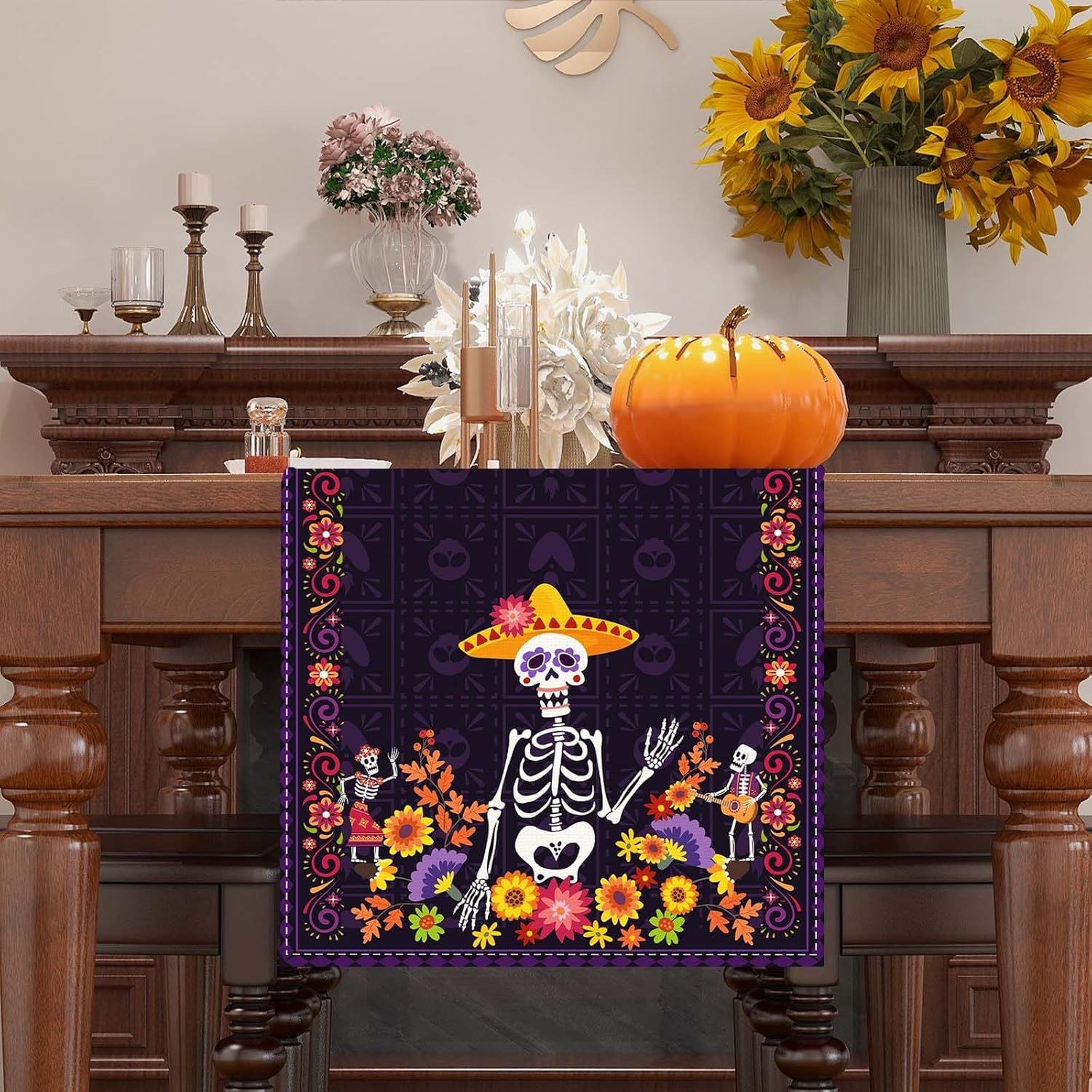 Linen Purple Day of The Dead Table Runner Dia De Los Muertos Tablecloth Mexican Halloween Sugar Skull Home Kitchen Dining Table Decorations 13x72 Inch