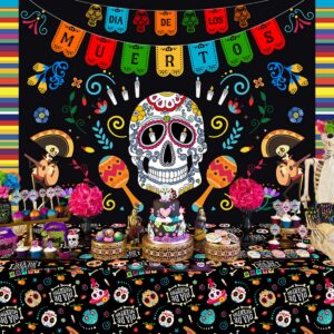 Day of the Dead Party Decorations, Mexican Fiesta Pennant Hanging Banner Sugar Skull Dia De Los Muertos Backdrop and Table cover for Day of the Dead Party Supplies