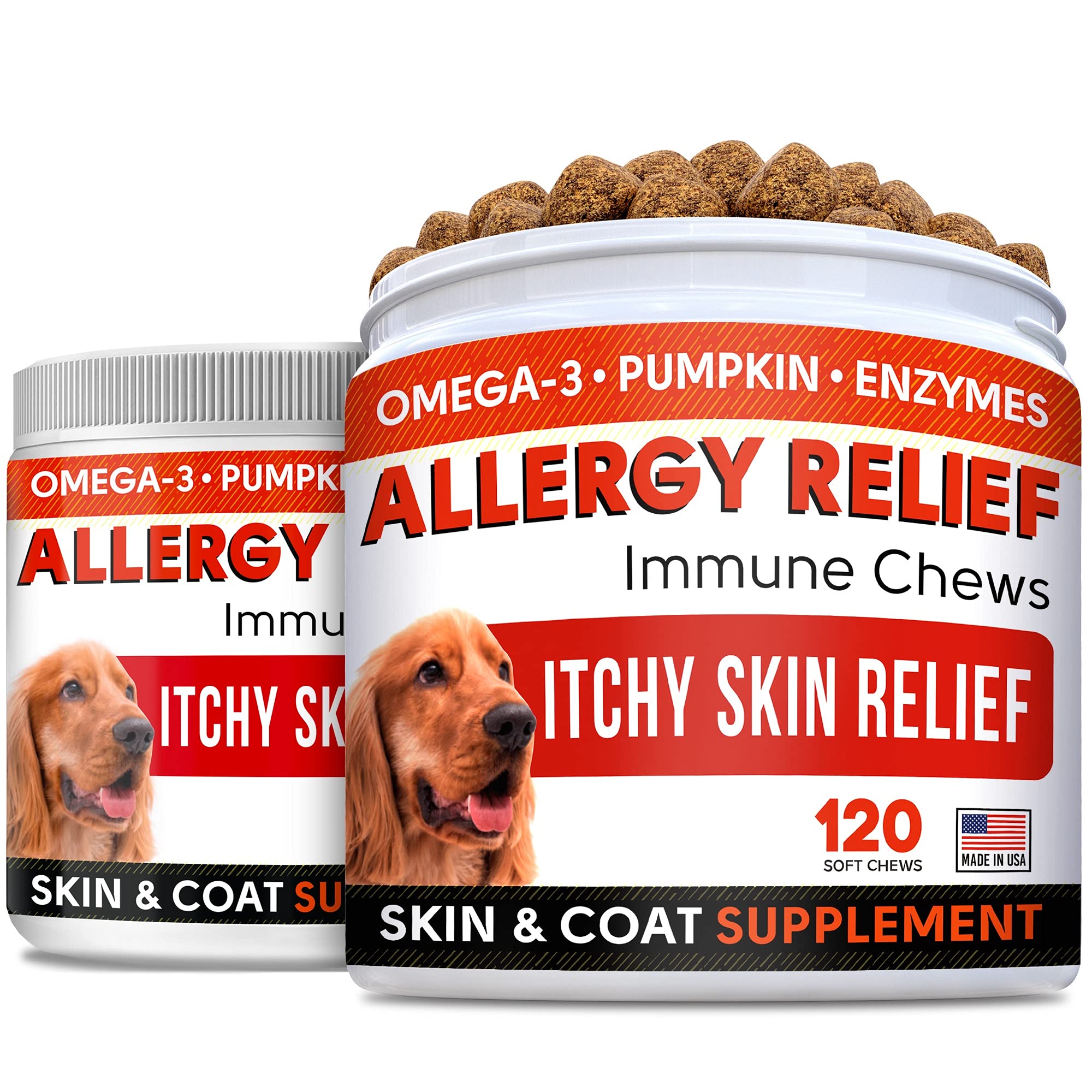 Glucosamine Treats + Allergy Relief Dog Bundle - Joint Supplement w/Omega-3 Fish Oil + Itchy Skin Relief - Chondroitin, MSM + Pumpkin + Enzymes + Turmeric - Skin & Coat - 120+240 Chews - Made in USA