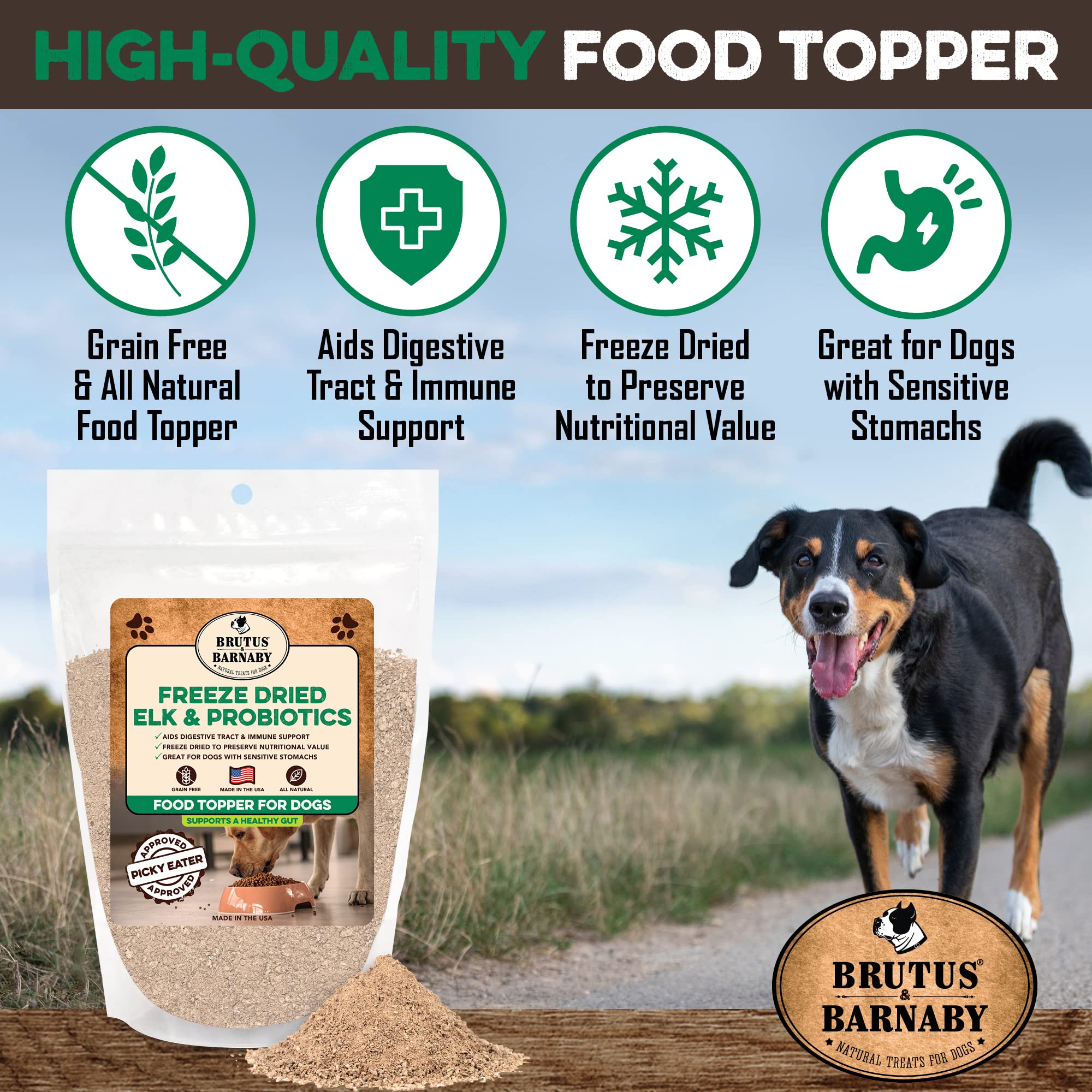 Freeze Dried Dog Food Toppers For Picky Eaters - Raw Elk - Digestive Strength Dog Food Flavoring Supports Gut Health With Healthy Probiotics - Enhance Your Dogs Meal With This Flavor Packed Mix