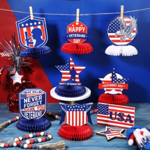 9 Pcs Happy Veterans Day Party Honeycomb Centerpiece Patriotic Table Decorations Veterans Day 3D Table Centerpiece for Table Decor Memorial Day Themed Birthday Graduation Party Supplies