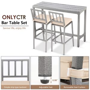 ONLYCTR Outdoor Bar Chairs and Table, Metal Outdoor Bar Set, 3 Piece Patio Bar Table Set with Bar Stools & Cushions for Backyard, Porch, Bistro, Balcony (Gray, 47" Table, 2 Vertical Back stools)